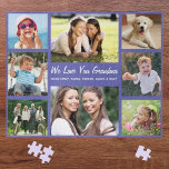 Puzzle Grandma Love You Photo Collage Purple<br><div class="desc">Un amusant collage photo puzzle violet pour la plus grande grand grand-mère du monde. Vous pouvez personnaliser avec huit photos de famille de petits-enfants, d'enfants, d'animaux domestiques, etc., customiser l'expression "Je t'aime" ou "Nous t'aimons", et si elle est appelée "grand-mère", "Nana", "maman", etc., et ajouter les petits-enfants et d'autres noms...</div>