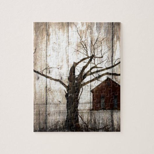 Puzzle Grange primitive de rouge d'arbre d'hiver de fibre (Vertical)