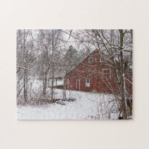 Puzzle Grange Rouge Dans La Neige