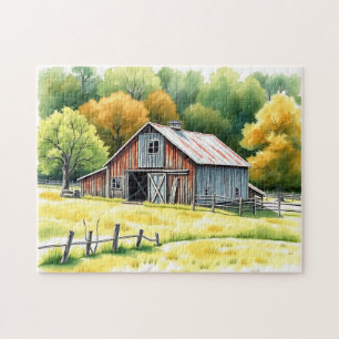 Puzzle Grange rustique aquarelle entourée de champs 