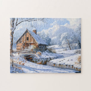 Puzzle Grange rustique d'hiver au bord d'un ruisseau gelé