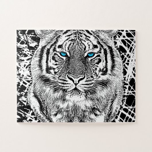 Puzzle Graphique de tigre noir et blanc aux yeux bleus (Horizontal)