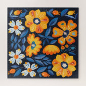 Puzzle Gras Retro Floral Illustration en orange et bleu (Horizontal)