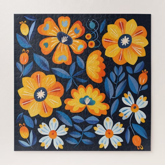 Puzzle Gras Retro Floral Illustration en orange et bleu (Vertical)