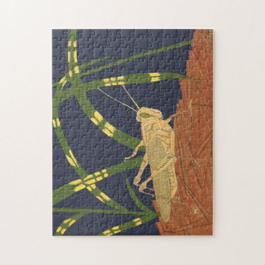 Puzzle Grasshopper en Grass vert sur Arrière - plan bleu (Vertical)