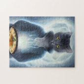 Puzzle Gray Chat en bleu manger soupe dans l'espace (Horizontal)