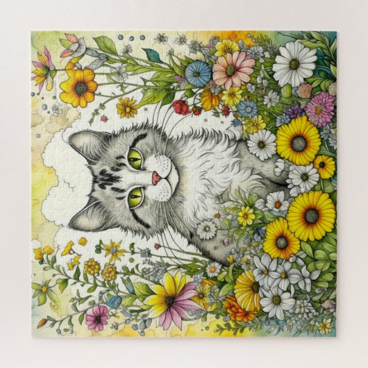 Puzzle Gray Kitty Chat assis en Fleurs (Vertical)