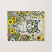 Puzzle Gray Kitty Chat assis en Fleurs (Horizontal)