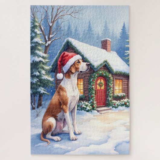 Puzzle Great Dane Snowy Cabin Santa Hat Christmas Art (Vertical)