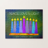 Puzzle Green Hanoukka Peace Love Light Bold Boho Candles (Horizontal)