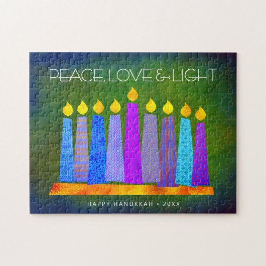 Puzzle Green Hanoukka Peace Love Light Bold Boho Candles (Horizontal)