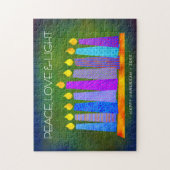 Puzzle Green Hanoukka Peace Love Light Bold Boho Candles (Vertical)
