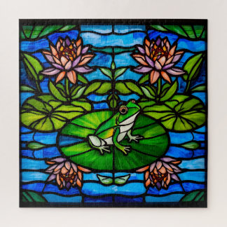 Puzzle Grenouille verte en vitrail et fleurs de nénuphar 