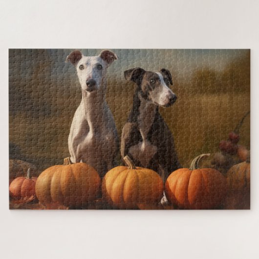 Puzzle Greyhound Chiot Automne Citrouille de plaisir (Horizontal)