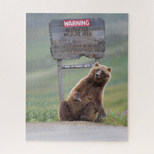 Puzzle Grizzly Bear Plays With Sign (Vertical)