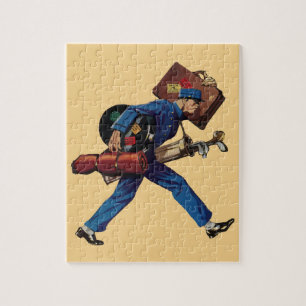 Puzzle Groom d'époque en uniforme, valise et club de golf
