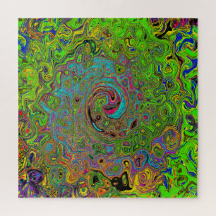 Puzzle Groovy Abstrait Rétro Tourbillon Vert Citron et Bl