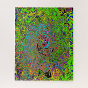 Puzzle Groovy Abstrait Rétro Tourbillon Vert Citron et Bl