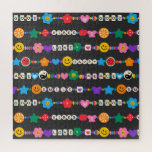 Puzzle Groovy Good Vibes Love Smile Retro Beads<br><div class="desc">Groovy Good Vibes Love Smile Retro Beads Jigsaw Puzzles features a variety of friendship beads with text such as love, peace, happy, smile, good vibes and accented with flowers, butterflies, hearts, stars, yin and yang signs in bright colors. Perfect gifts for Christmas, birthday, best friends, sisters and more. Designed by...</div>