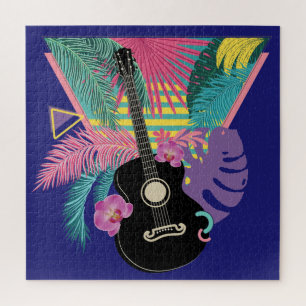 Puzzle Guitare acoustique et feuilles et fleurs tropicaux