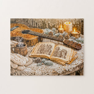 Puzzle Guitare acoustique vintage avec bougies et hiver c