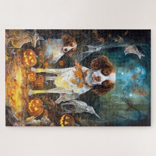 Puzzle Halloween Brittany Spaniel With Pumpkins Scary (Horizontal)