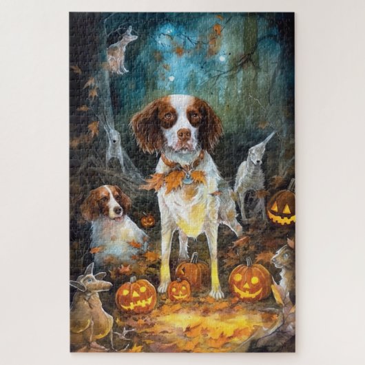 Puzzle Halloween Brittany Spaniel With Pumpkins Scary (Vertical)