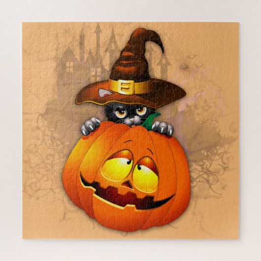 Puzzle Halloween Cute Kitty Witch et ami Citrouille (Vertical)