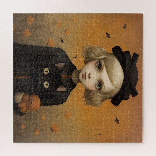 Puzzle Halloween fille et chat (Horizontal)