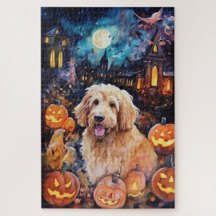 Puzzle Halloween Goldendoodle avec la peur Citrouille