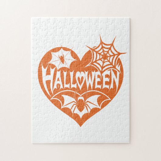 Puzzle Halloween Heart, Orange Heart Shape, Spider Web (Vertical)