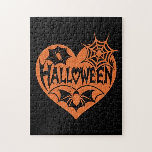 Puzzle Halloween Heart, Orange Heart Shape, Spider Web (Vertical)