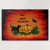 Puzzle Halloween heureux, Chat noir, Chat et Citrouille (Horizontal)