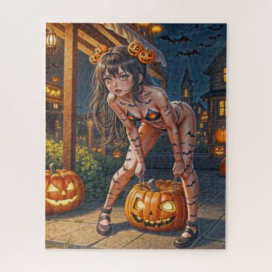 Puzzle Halloween Monster Jack-o-Lantern & Bat Vixen Girl (Vertical)