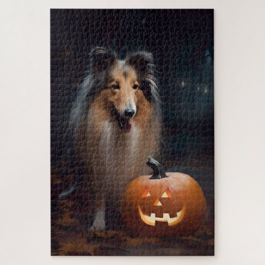Puzzle Halloween Rough Collie Avec Citrouille effroi (Vertical)