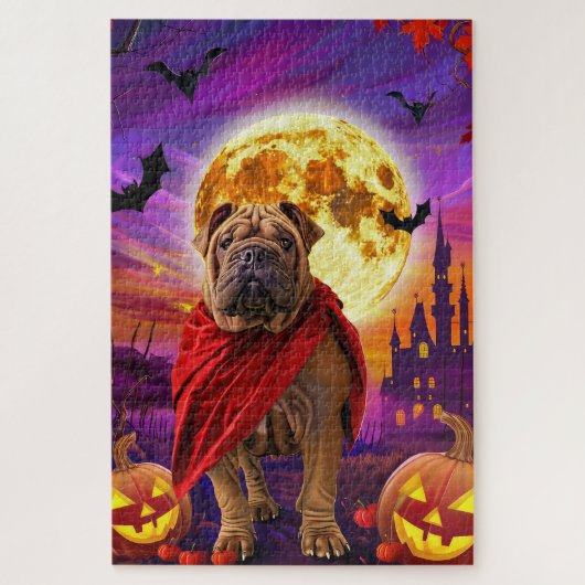 Puzzle Halloween Shar Pei Vampire Citrouilles effroi (Vertical)