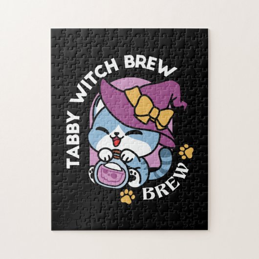Puzzle Halloween Tabby Cat – Witch Hat & Potion Art (Vertical)