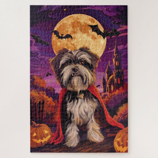 Puzzle Halloween Tibétain Terrier Vampire Citrouilles peu (Vertical)