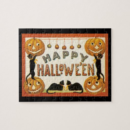 Puzzle Halloween vintage, Chats noirs avec Jackolanterns (Horizontal)