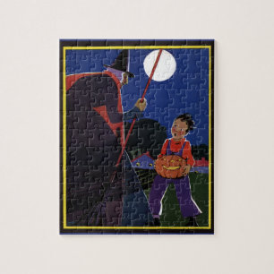 Puzzle Halloween vintage, sorcière effrayante avec garçon
