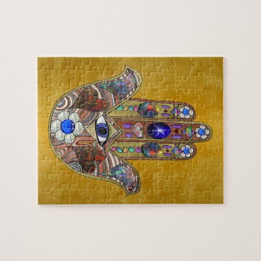 Puzzle Hamsa Coeurs Fleurs Opal Art sur Or (Horizontal)