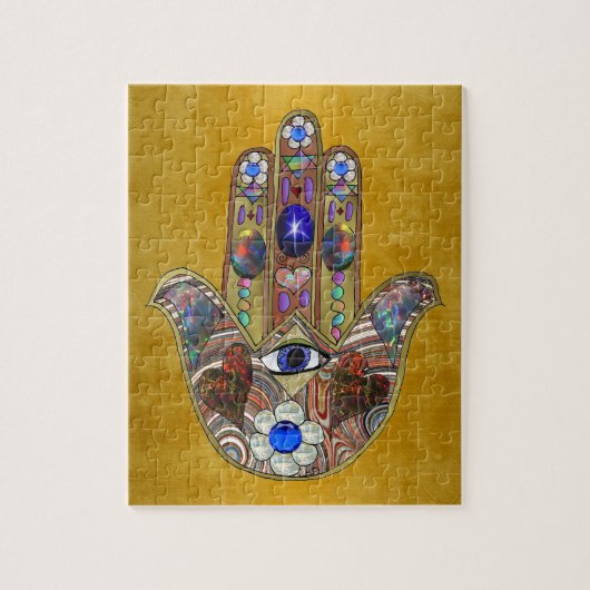 Puzzle Hamsa Coeurs Fleurs Opal Art sur Or (Vertical)
