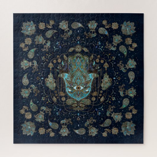 Puzzle Hamsa Hand -Hand of Fatima Blue Gemstones (Vertical)