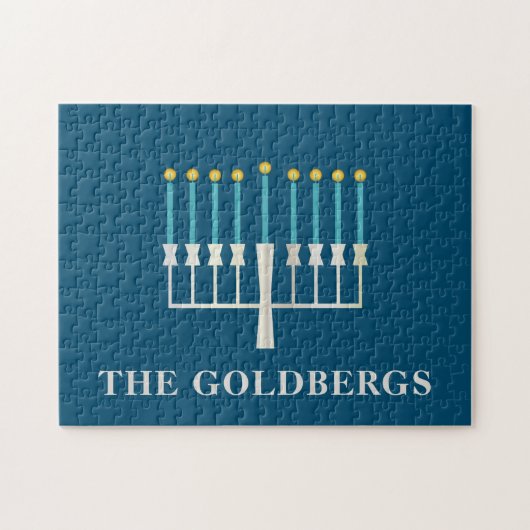 Puzzle Hanukkah Menorah in Blue Personalized (Horizontal)