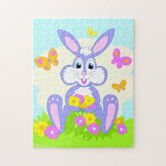 Puzzle Happy Bunny Papillons Fleurs mignonnes Lapin pourp (Vertical)