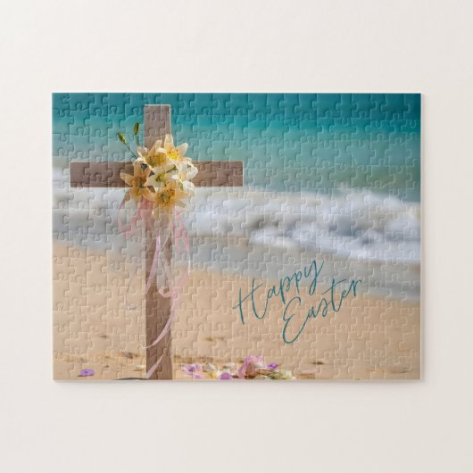 Puzzle Happy Easter Wooden Cross with Lilies on Beach (Horizontal)