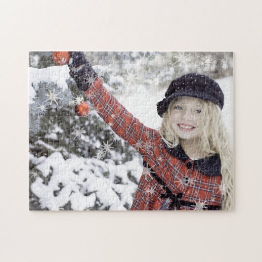 Puzzle Happy girl decorating Christmas tree (Horizontal)