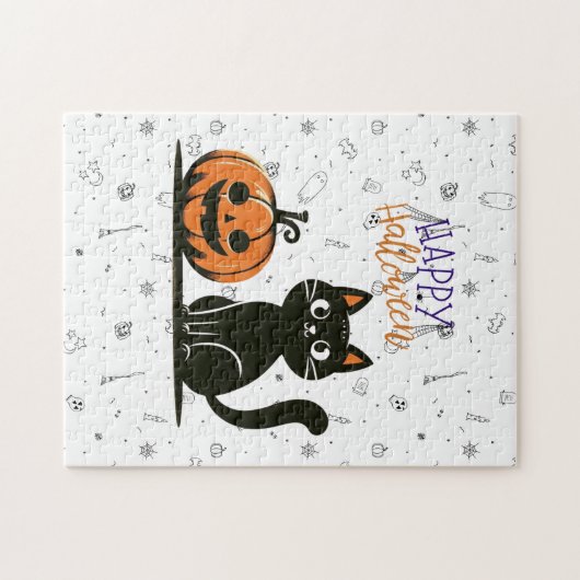 Puzzle Happy Halloween chat et citrouille (Horizontal)