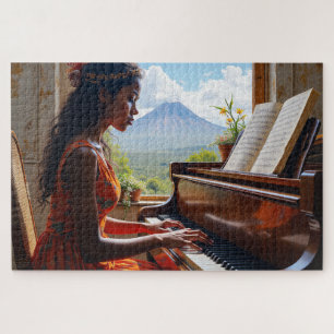 Puzzle Harmonie florale - Femme à Piano avec vue sur la n