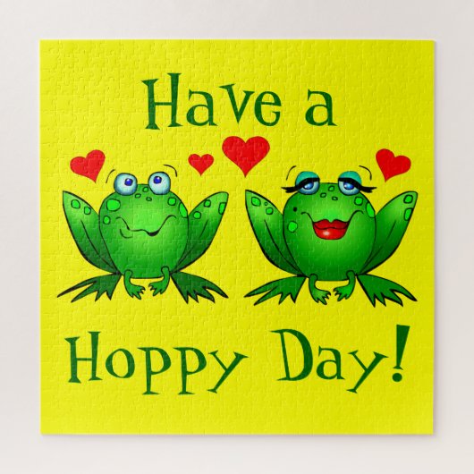 Puzzle Have a Hoppy Day Cute Cartoon Frogs Green Yellow (Vertical)